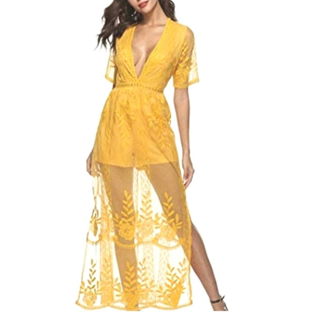 Eleter Lace Short Sleeve Yellow Romper Maxi Dress Sheer Overlay Boho S